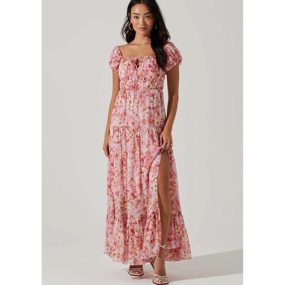 ASTR The Label Floral Maxi Dress Womens Size M Pink Orange Tiered Puff‎ Sleeve